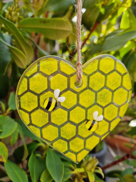 Fused Glass Yellow Bee Heart Glass Suncatcher