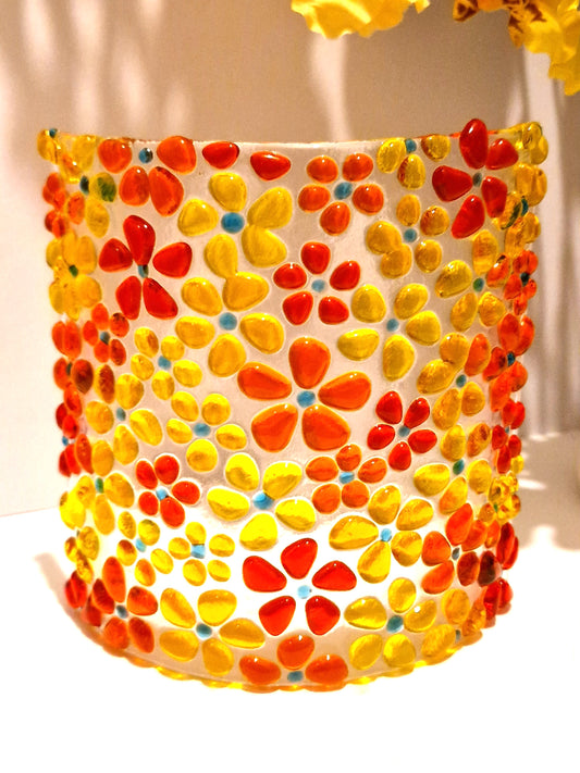 Fused glass suncatcher display in yellow and orange ditsy flower design