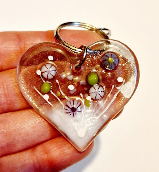 Fused Glass Heart Dawn Meadow Keyring / Bag Charm