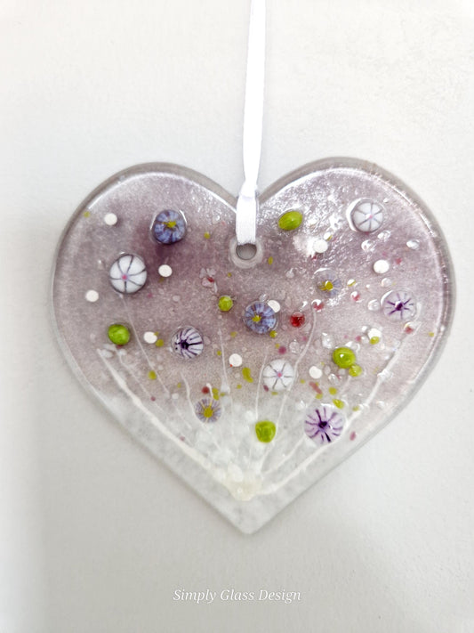 Fused Glass Dusk Meadow Heart Suncatcher