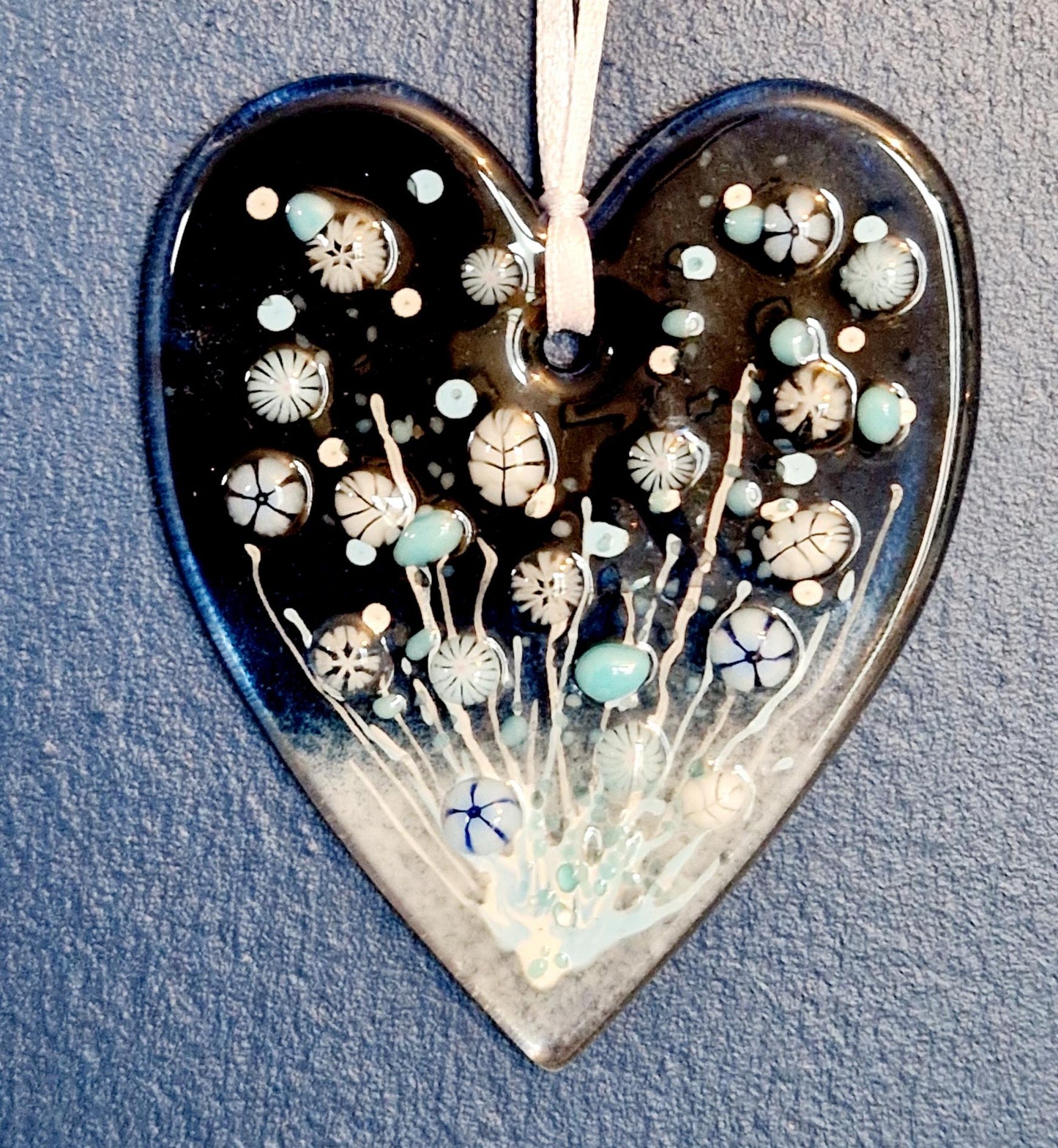 Fused Glass Winter Meadow Long Heart Suncatcher