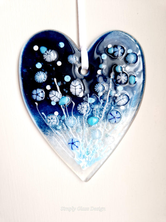 Fused Glass Winter Meadow Long Heart Suncatcher