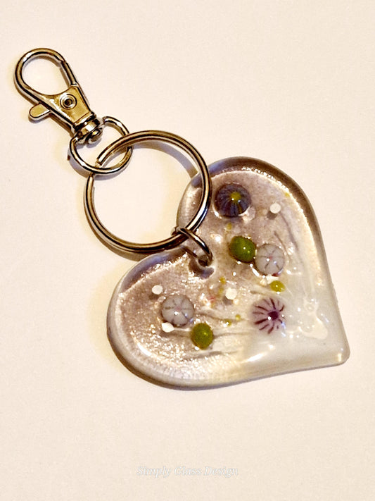 Fused Glass Heart Dusk Meadow Keyring / Bag Charm