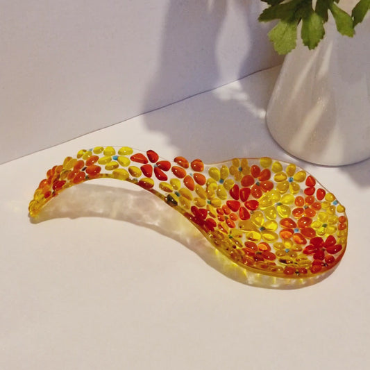 Yellow and orange fused glass spoon rest in ditsy flower design  video