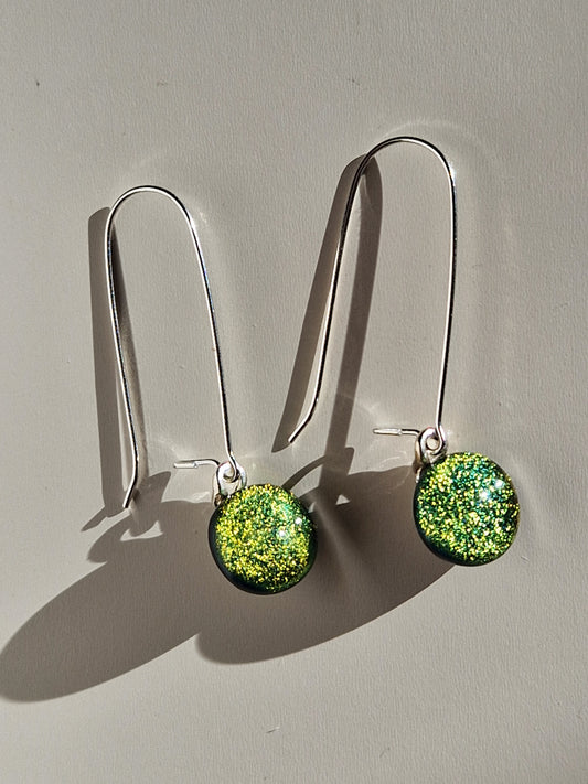 Fused glass dichroic drop earrings on a sterling silver hook