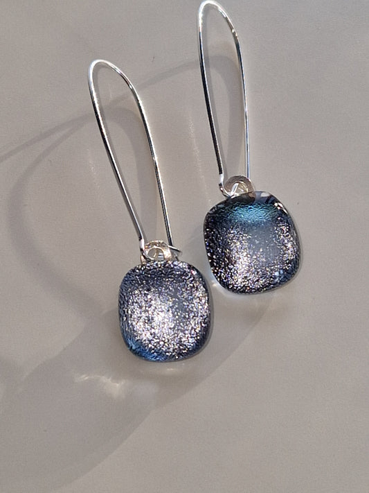 Fused glass dichroic drop earrings on a sterling silver hook