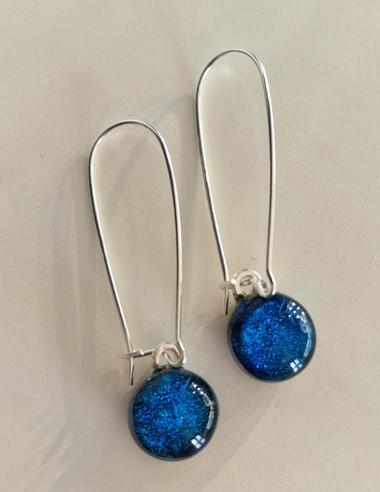 Fused glass dichroic drop earrings on a sterling silver hook