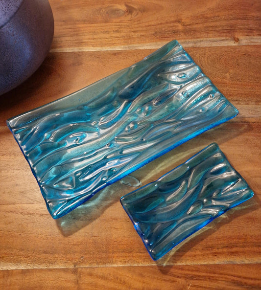 Fused glass blue ripple dish