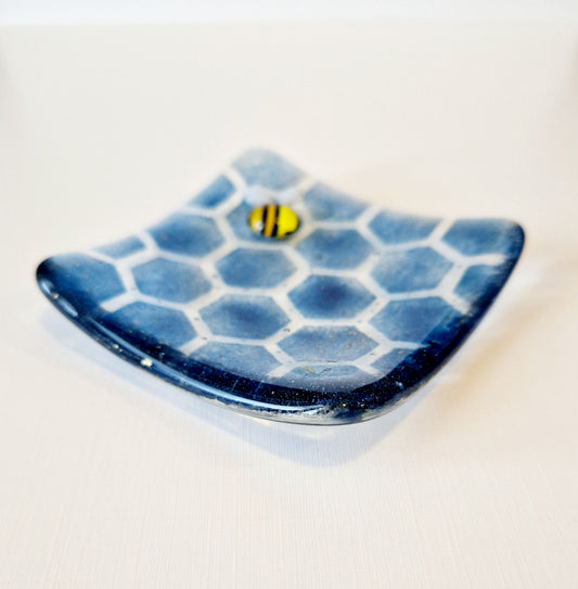 Blue fused glass bee and honeycomb trinket dish