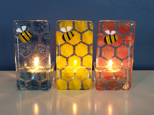 Fused glass bee and honeycomb tealight holder