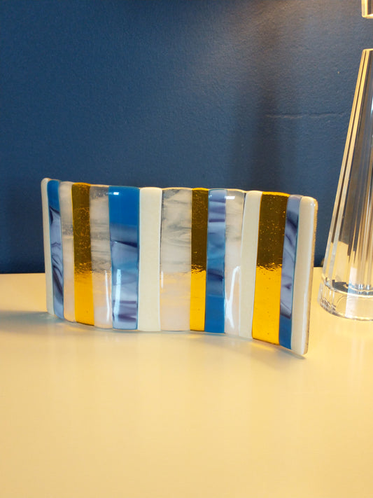 Fused glass blue, yellow and white striped decorative display