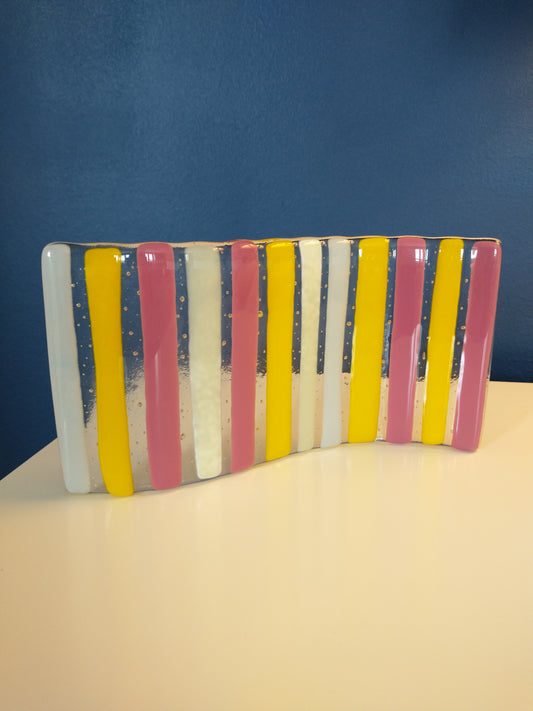 Fused glass pink, yellow and white striped fused glass decorative display