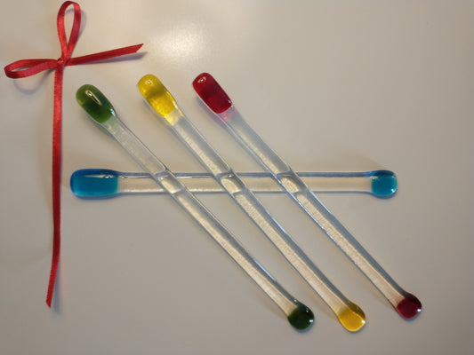 Multi-coloured fused glass drink stirrers
