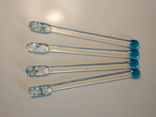 Fused glass blue and vanilla drink stirrers - set of 4