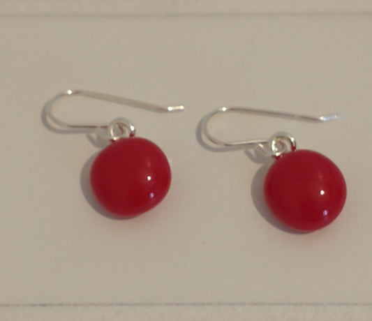 Fused glass red drop earrings on a sterling silver hook