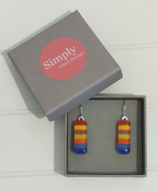 Fused glass rainbow drop earrings on a sterling silver hook