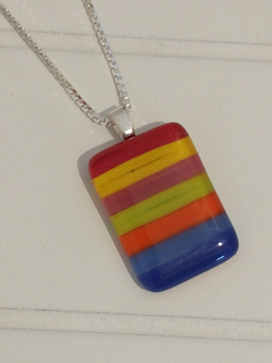 Fused glass rainbow striped pendant necklace