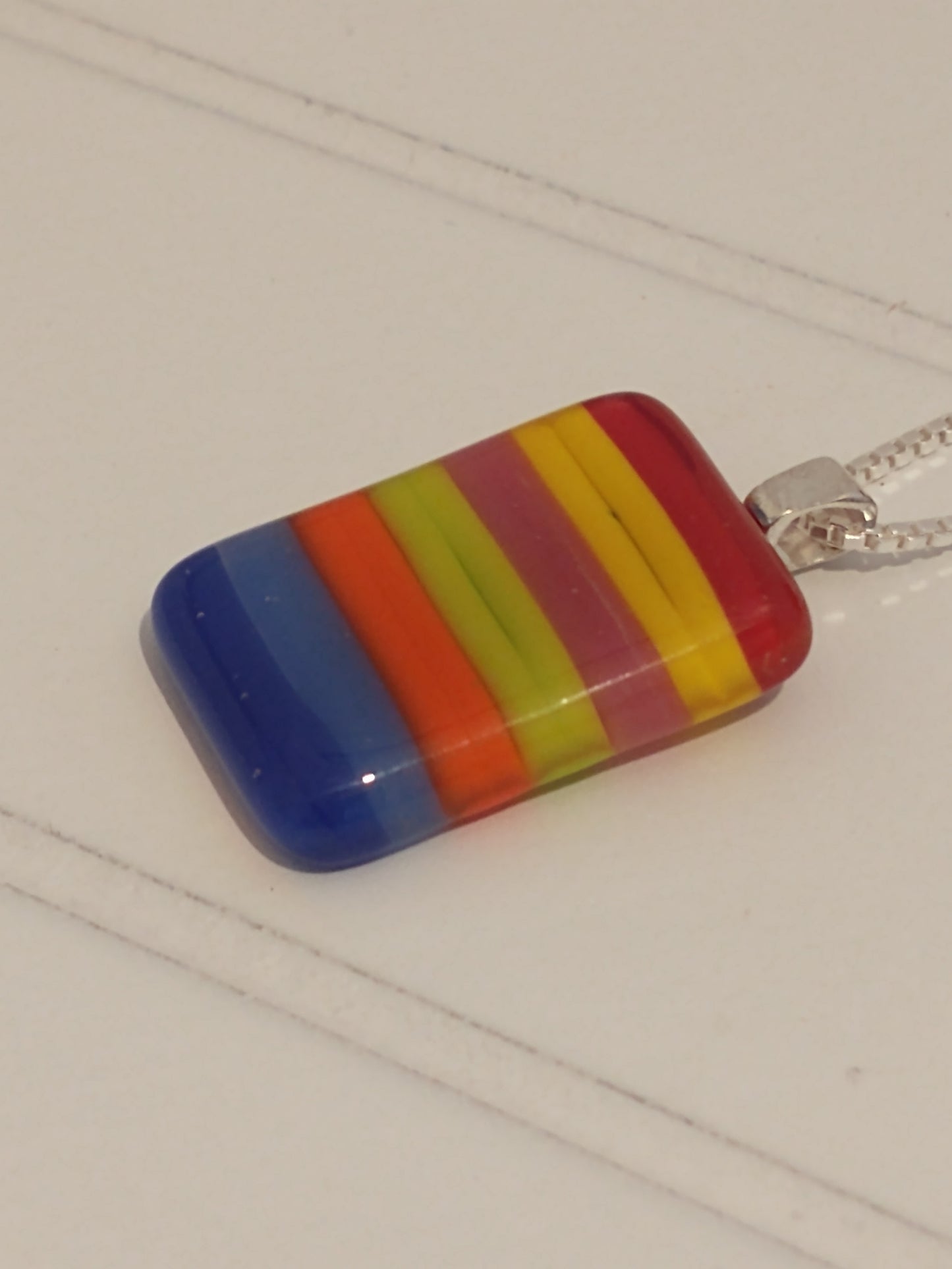 Fused glass rainbow striped pendant necklace