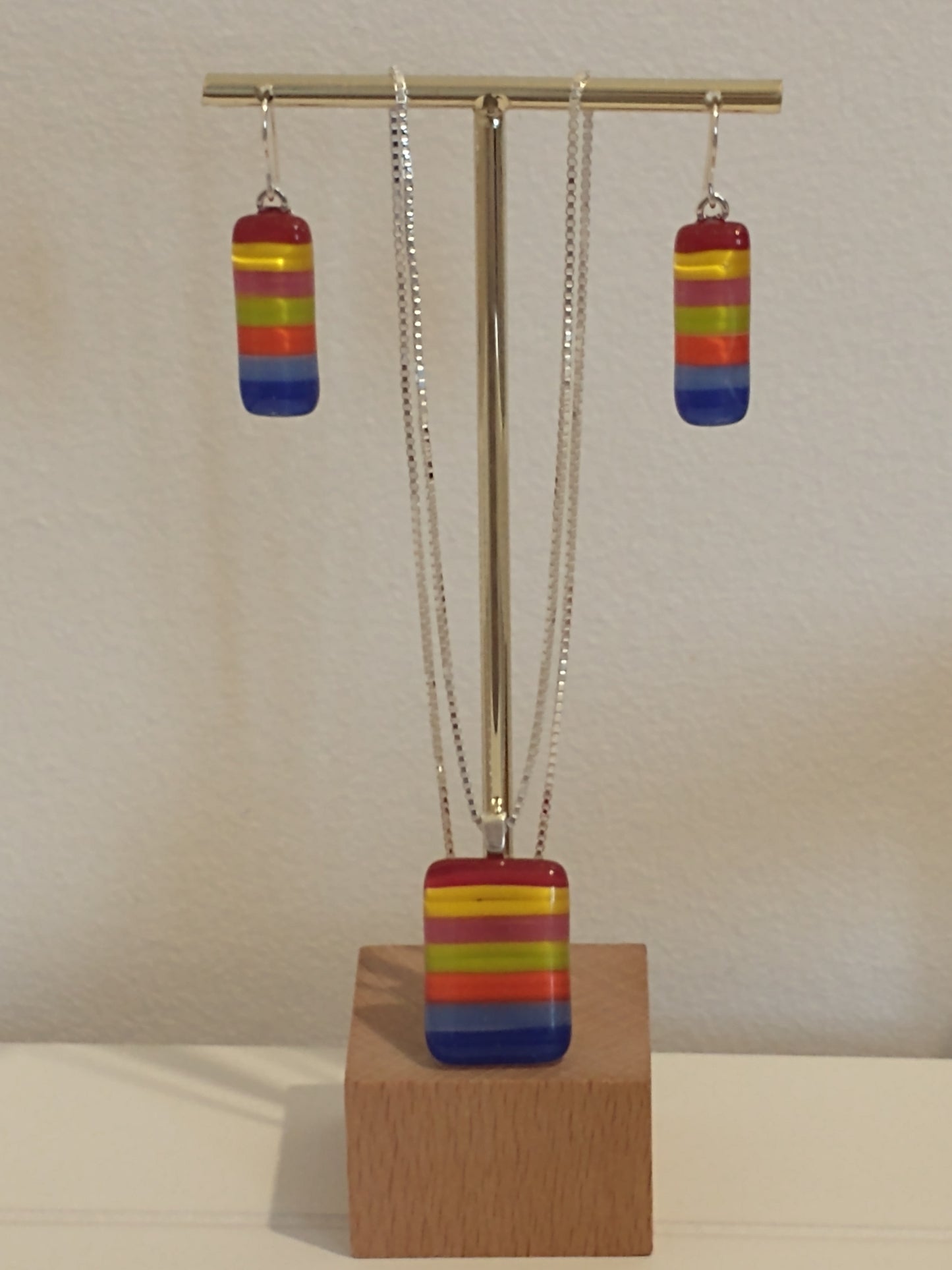 Fused glass rainbow striped pendant necklace