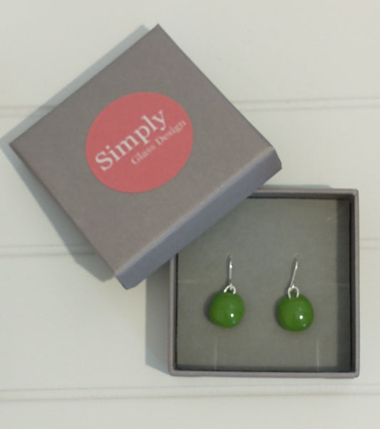 Fused glass green drop earrings on a sterling silver hook