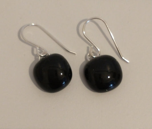 Fused glass black drop earrings on a sterling silver hook