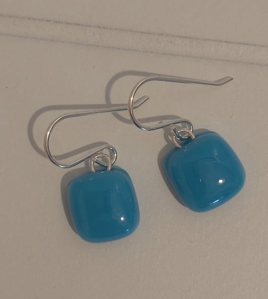 Fused glass turquoise drop earrings on a sterling silver hook