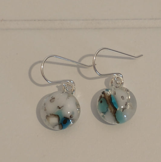 Fused glass blue and vanilla drop earrings on a sterling silver hook