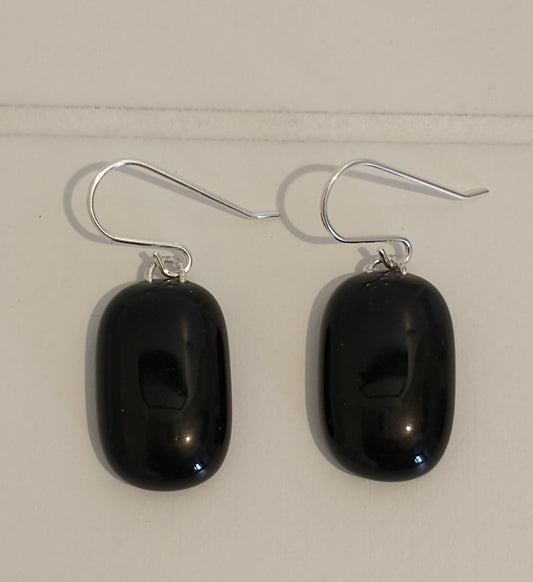 Fused glass black drop earrings on a sterling silver hook