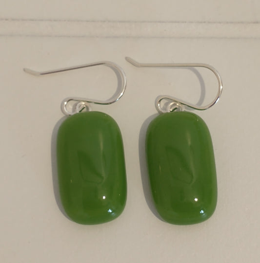 Fused glass green drop earrings on a sterling silver hook