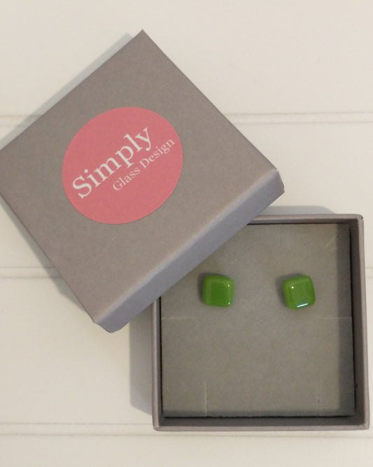 Fused glass green studs on sterling silver ear posts