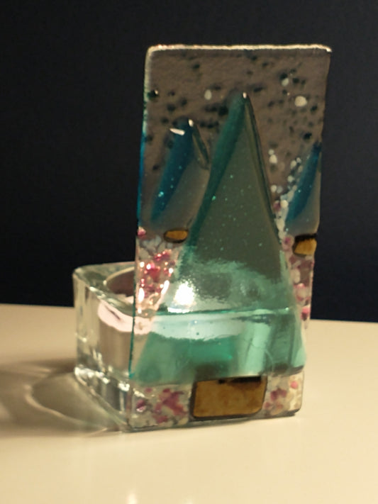 Fused glass enchanted wood tealight holder