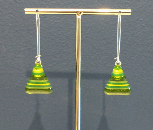 Fused glass green striped drop earrings on a sterling silver kidney wire hook
