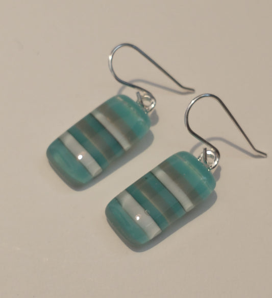 Fused glass pale blue striped drop earrings on a sterling silver hook