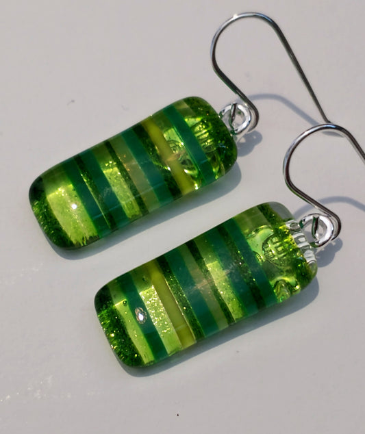 Fused glass green striped drop earrings on a sterling silver hook