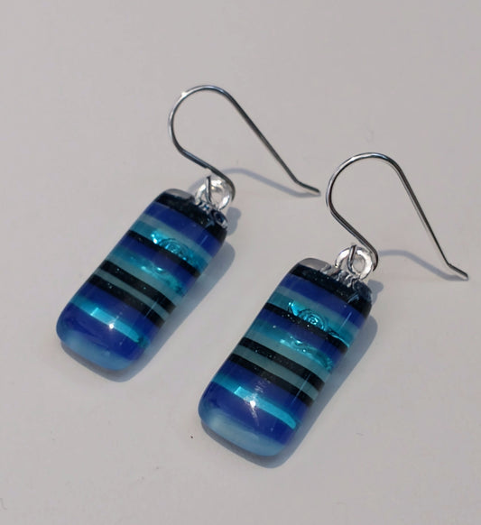 Fused glass blue striped drop earrings on a sterling silver hook