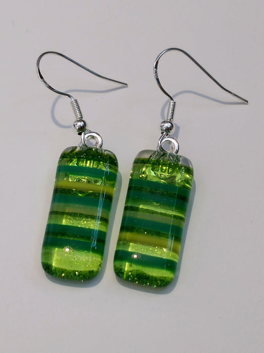 Fused glass green striped drop earrings on a silver plated hook