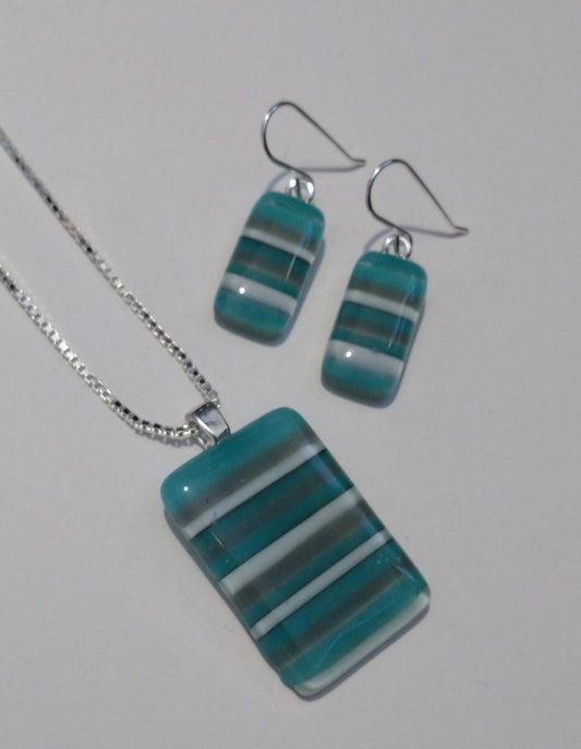 Fused glass pale blue striped pendant necklace