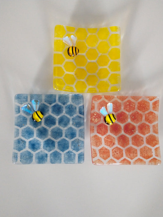 Fused glass bee and honeycomb trinket / soap dish